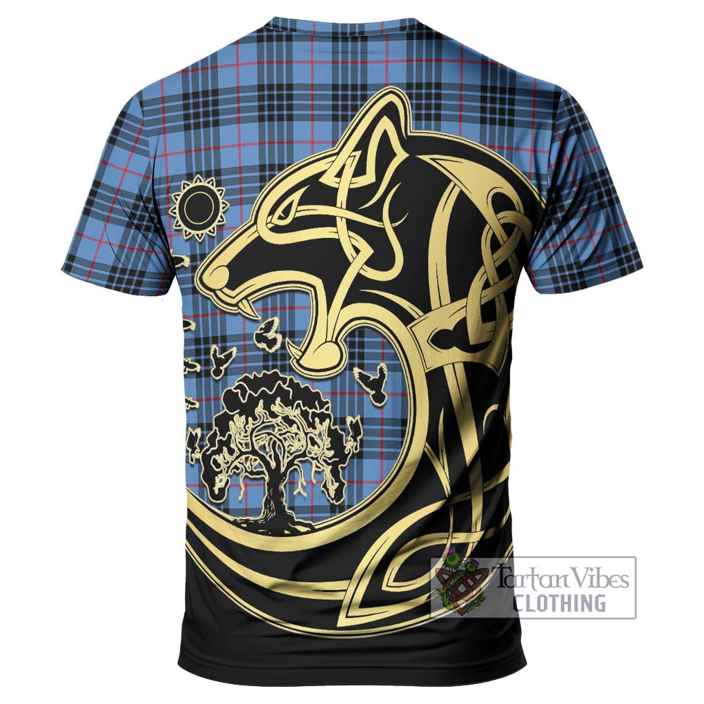 MacKay Blue Tartan T-Shirt with Family Crest Celtic Wolf Style - Tartan Vibes Clothing