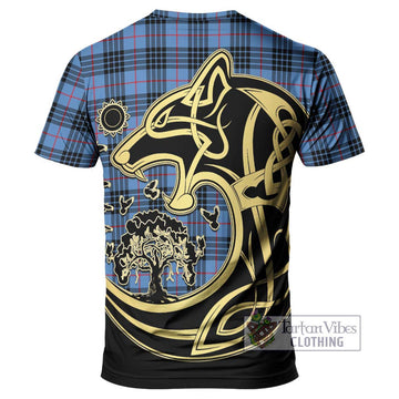 MacKay Blue Tartan T-Shirt with Family Crest Celtic Wolf Style