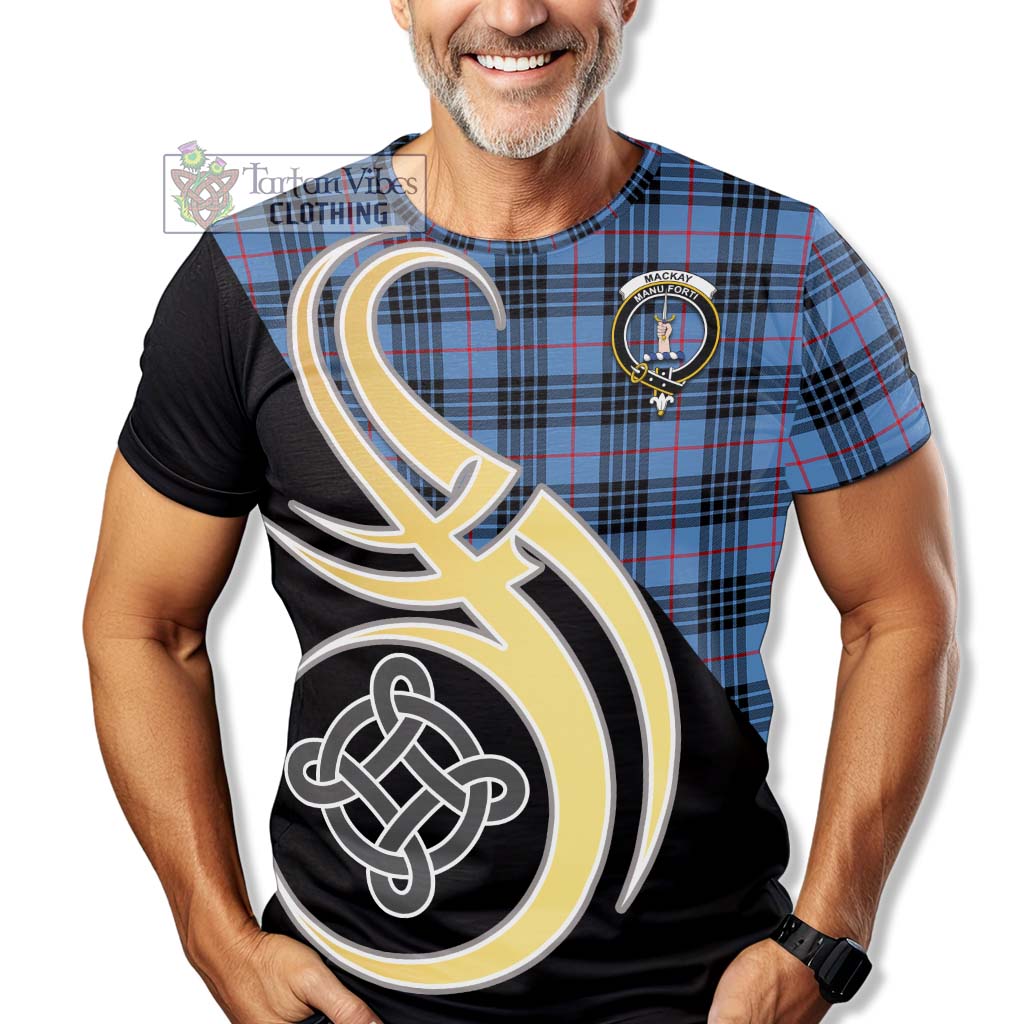 Tartan Vibes Clothing MacKay Blue Tartan T-Shirt with Family Crest and Celtic Symbol Style