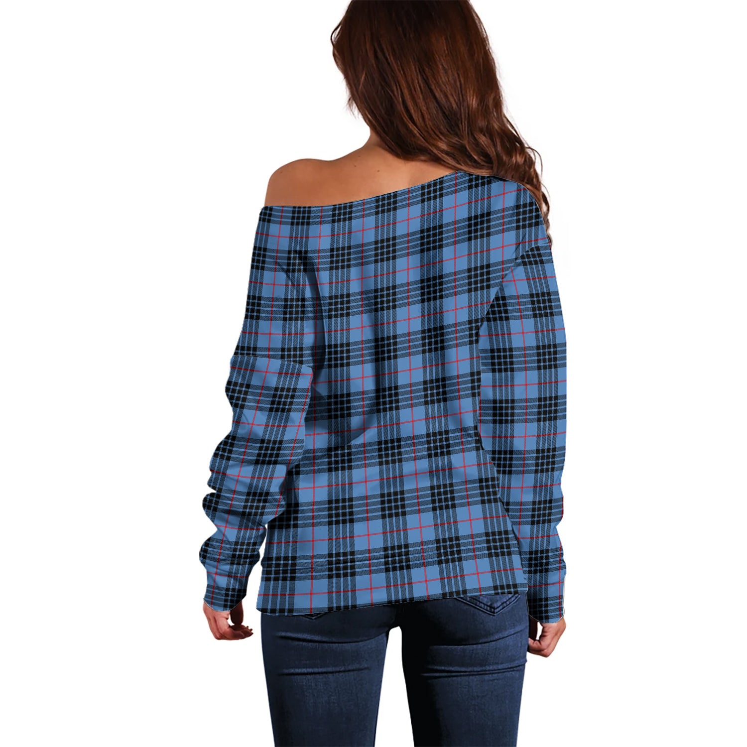 MacKay Blue Tartan Off Shoulder Women Sweater with Family Crest - Tartanvibesclothing