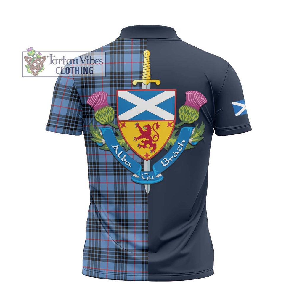 Tartan Vibes Clothing MacKay Blue Tartan Zipper Polo Shirt with Scottish Lion Royal Arm Half Style