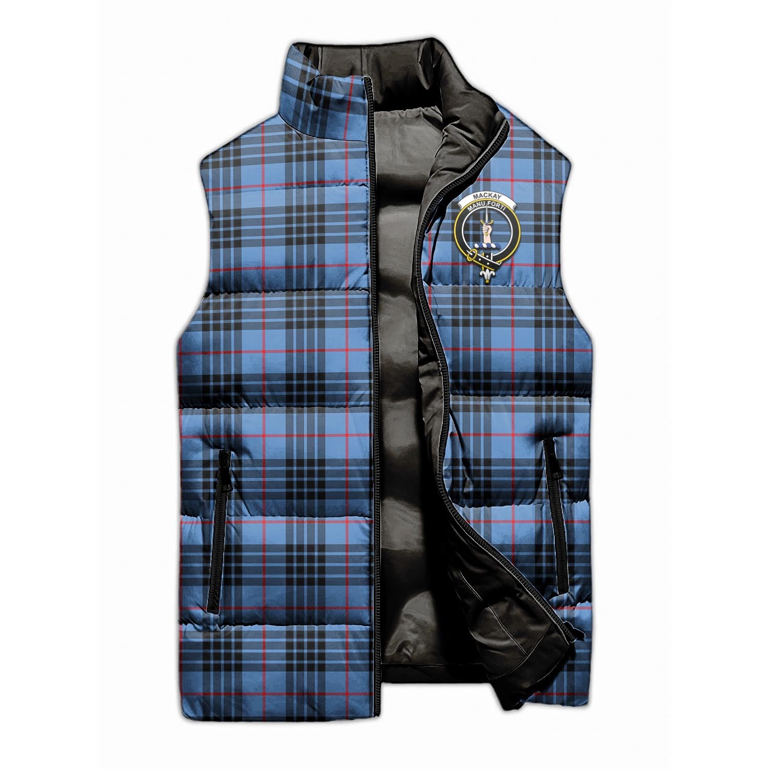 MacKay Blue Tartan Sleeveless Puffer Jacket with Family Crest - Tartanvibesclothing