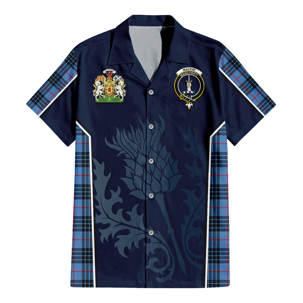 Tartan Vibes Clothing MacKay Blue Tartan Short Sleeve Button Up Shirt with Family Crest and Scottish Thistle Vibes Sport Style