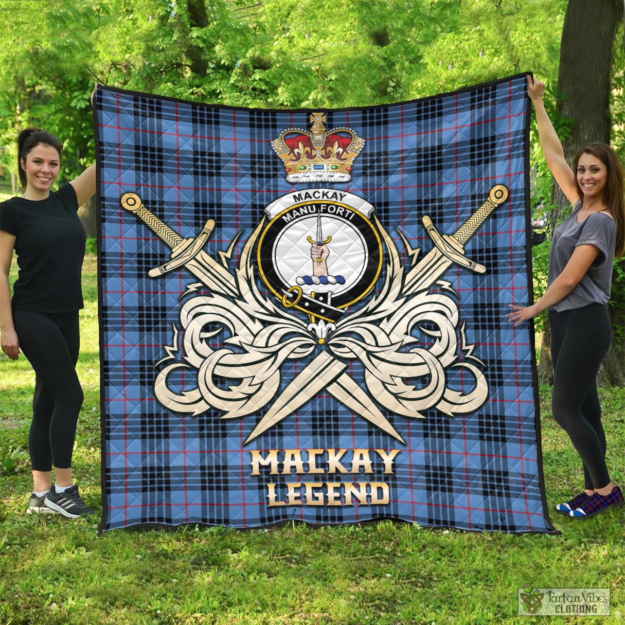 Tartan Vibes Clothing MacKay Blue Tartan Quilt with Clan Crest and the Golden Sword of Courageous Legacy