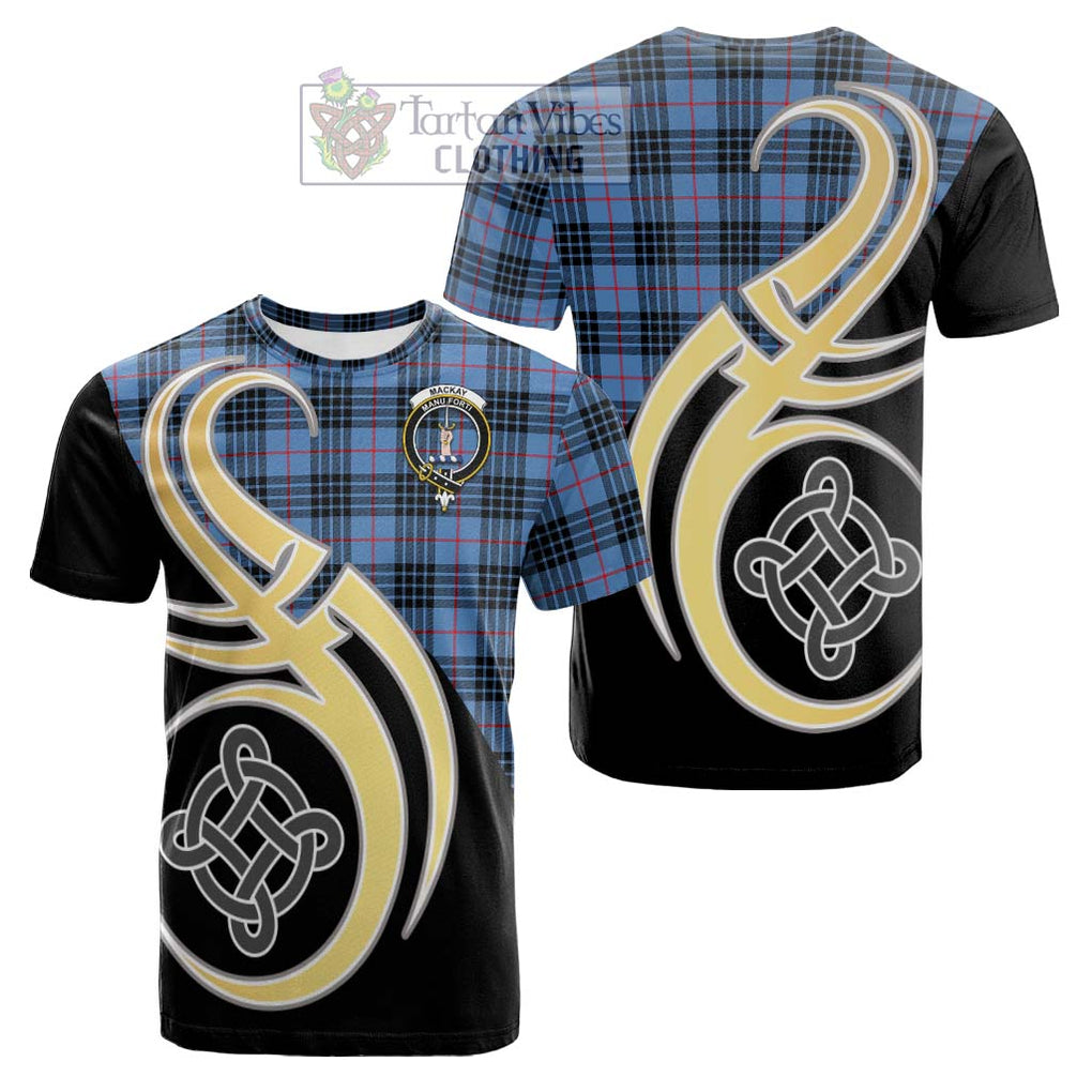 Tartan Vibes Clothing MacKay Blue Tartan Cotton T-shirt with Family Crest and Celtic Symbol Style