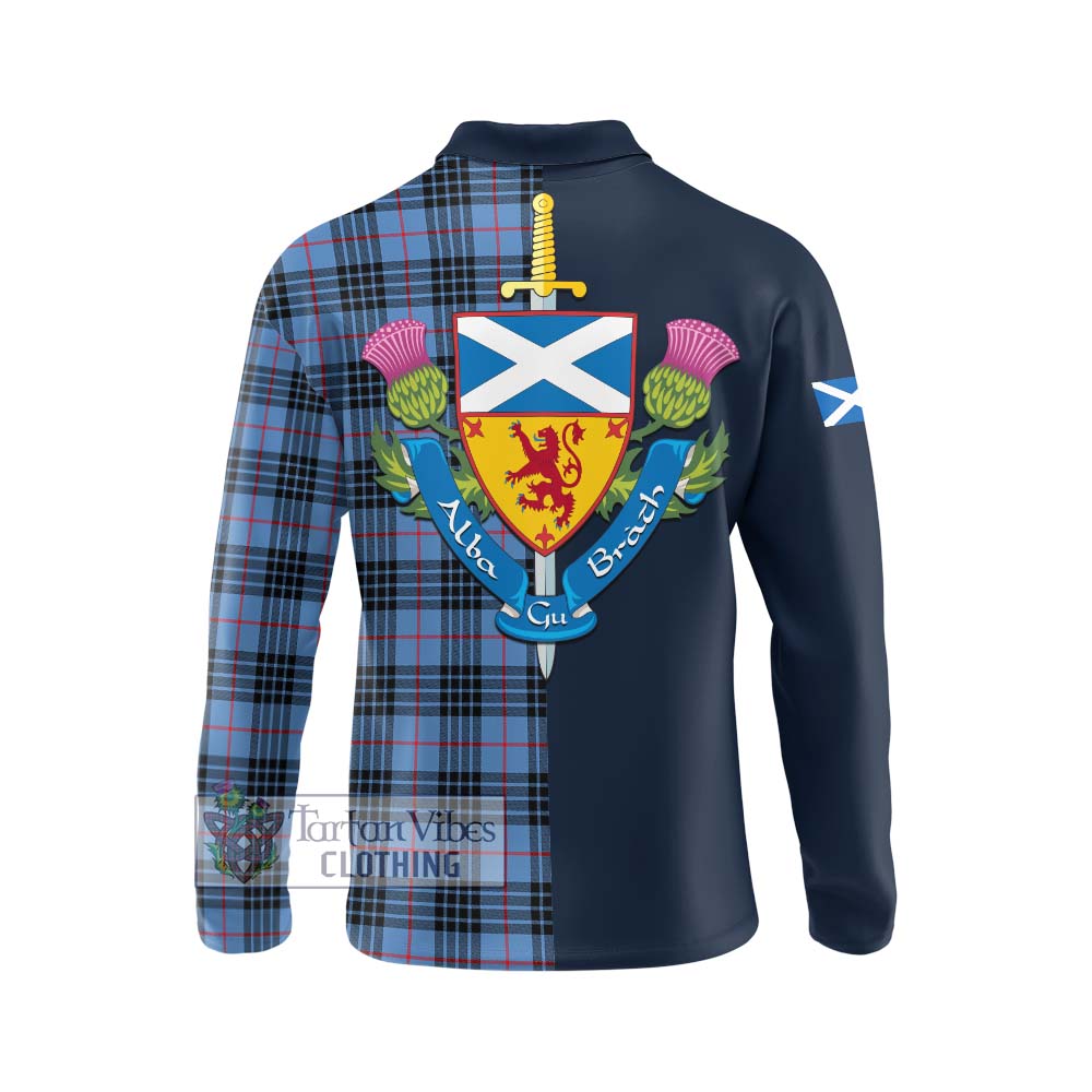 Tartan Vibes Clothing MacKay Blue Tartan Long Sleeve Polo Shirt with Scottish Lion Royal Arm Half Style