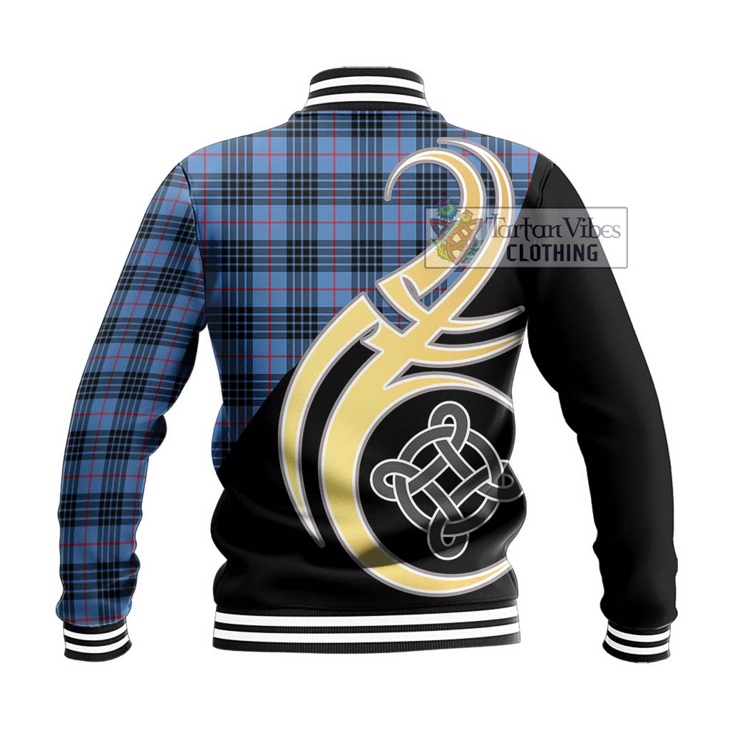 MacKay Blue Tartan Baseball Jacket with Family Crest and Celtic Symbol Style - Tartan Vibes Clothing