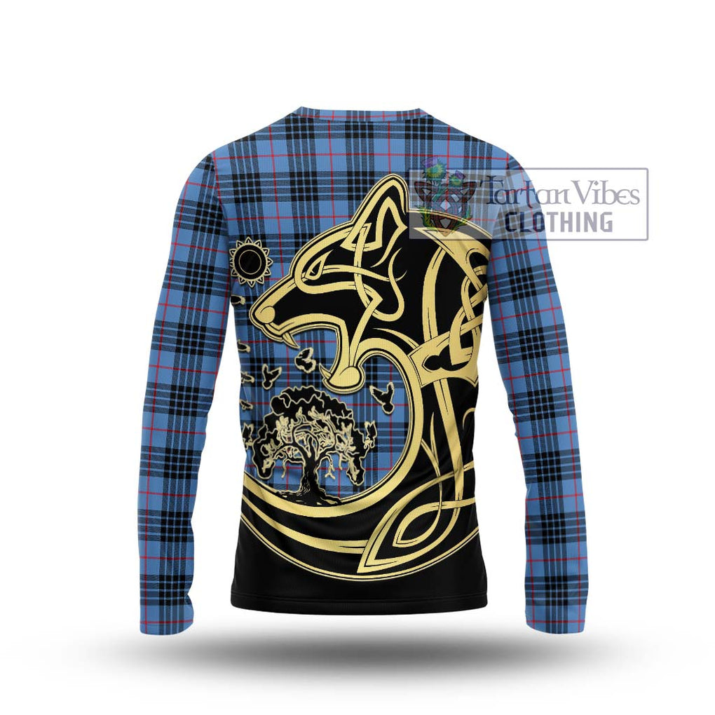 MacKay Blue Tartan Long Sleeve T-Shirt with Family Crest Celtic Wolf Style - Tartan Vibes Clothing