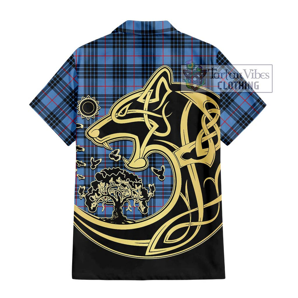 MacKay Blue Tartan Short Sleeve Button Shirt with Family Crest Celtic Wolf Style - Tartan Vibes Clothing