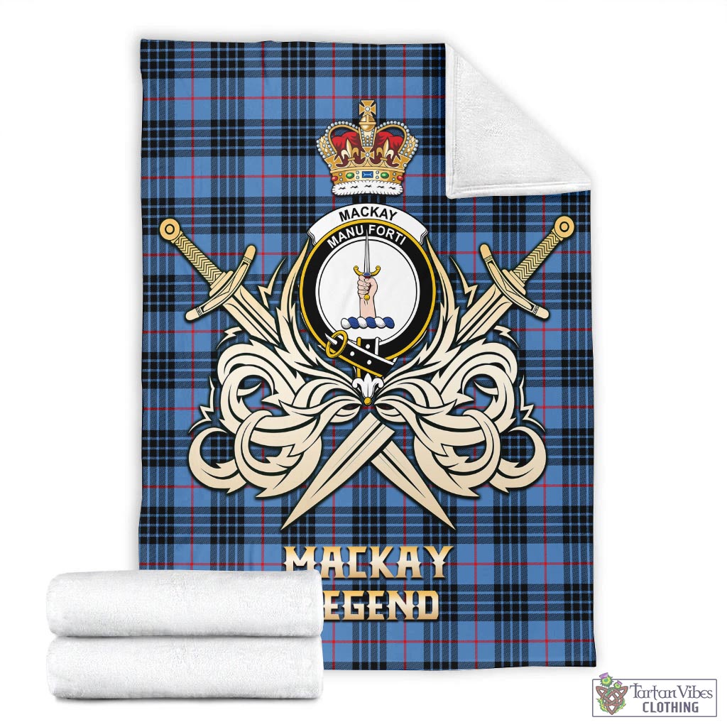 Tartan Vibes Clothing MacKay Blue Tartan Blanket with Clan Crest and the Golden Sword of Courageous Legacy