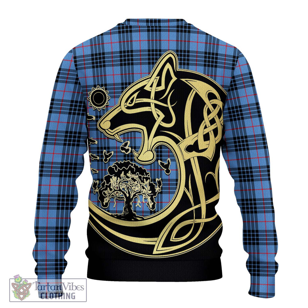 MacKay Blue Tartan Knitted Sweater with Family Crest Celtic Wolf Style - Tartan Vibes Clothing