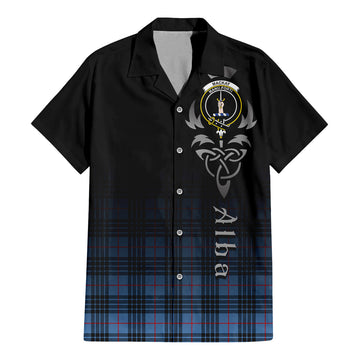 MacKay Blue Tartan Short Sleeve Button Up Shirt Featuring Alba Gu Brath Family Crest Celtic Inspired