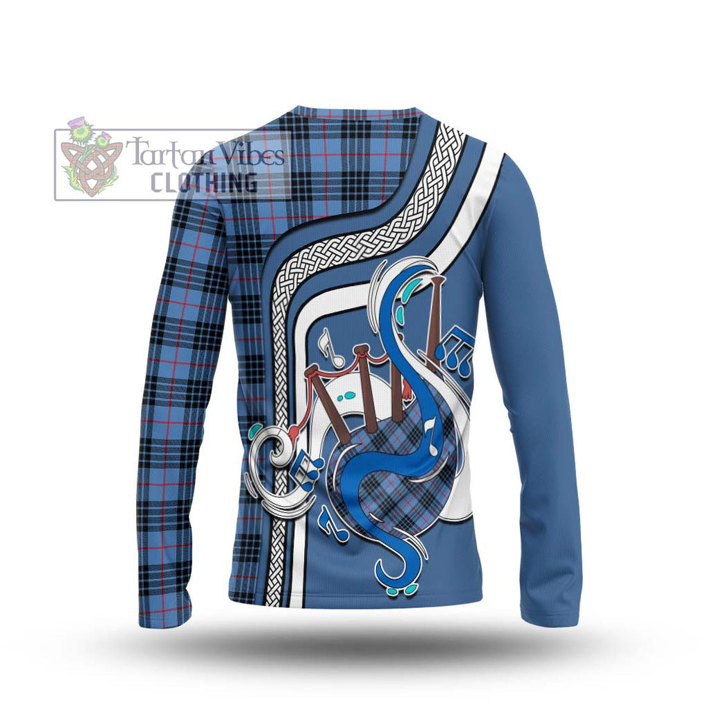 Tartan Vibes Clothing MacKay Blue Tartan Long Sleeve T-Shirt with Epic Bagpipe Style