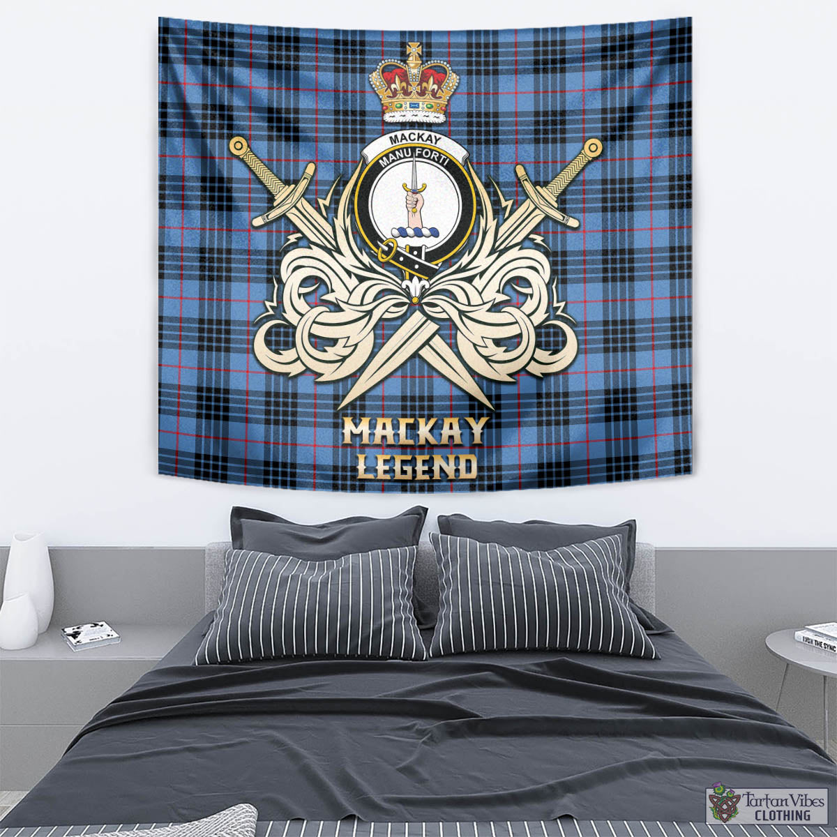 Tartan Vibes Clothing MacKay Blue Tartan Tapestry with Clan Crest and the Golden Sword of Courageous Legacy