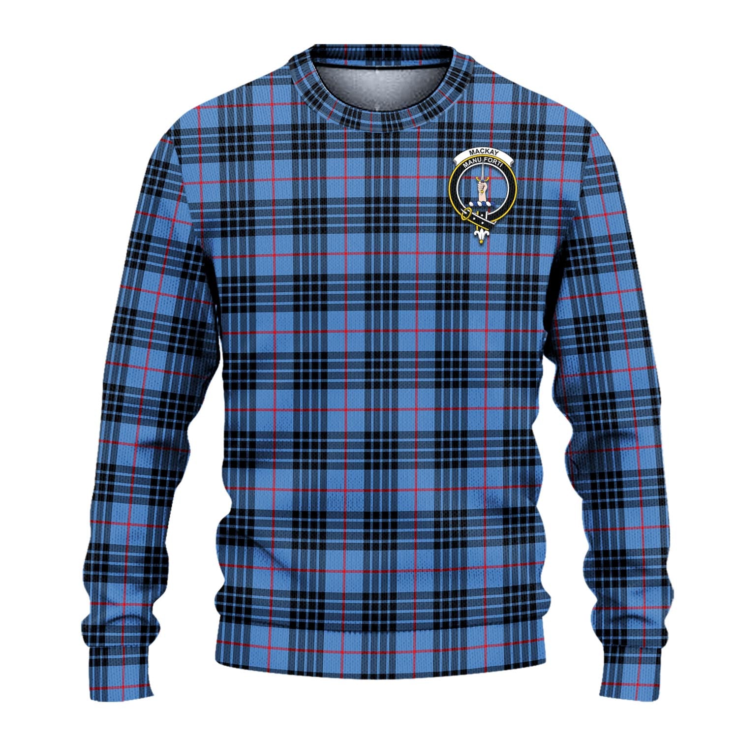 MacKay Blue Tartan Knitted Sweater with Family Crest - Tartanvibesclothing