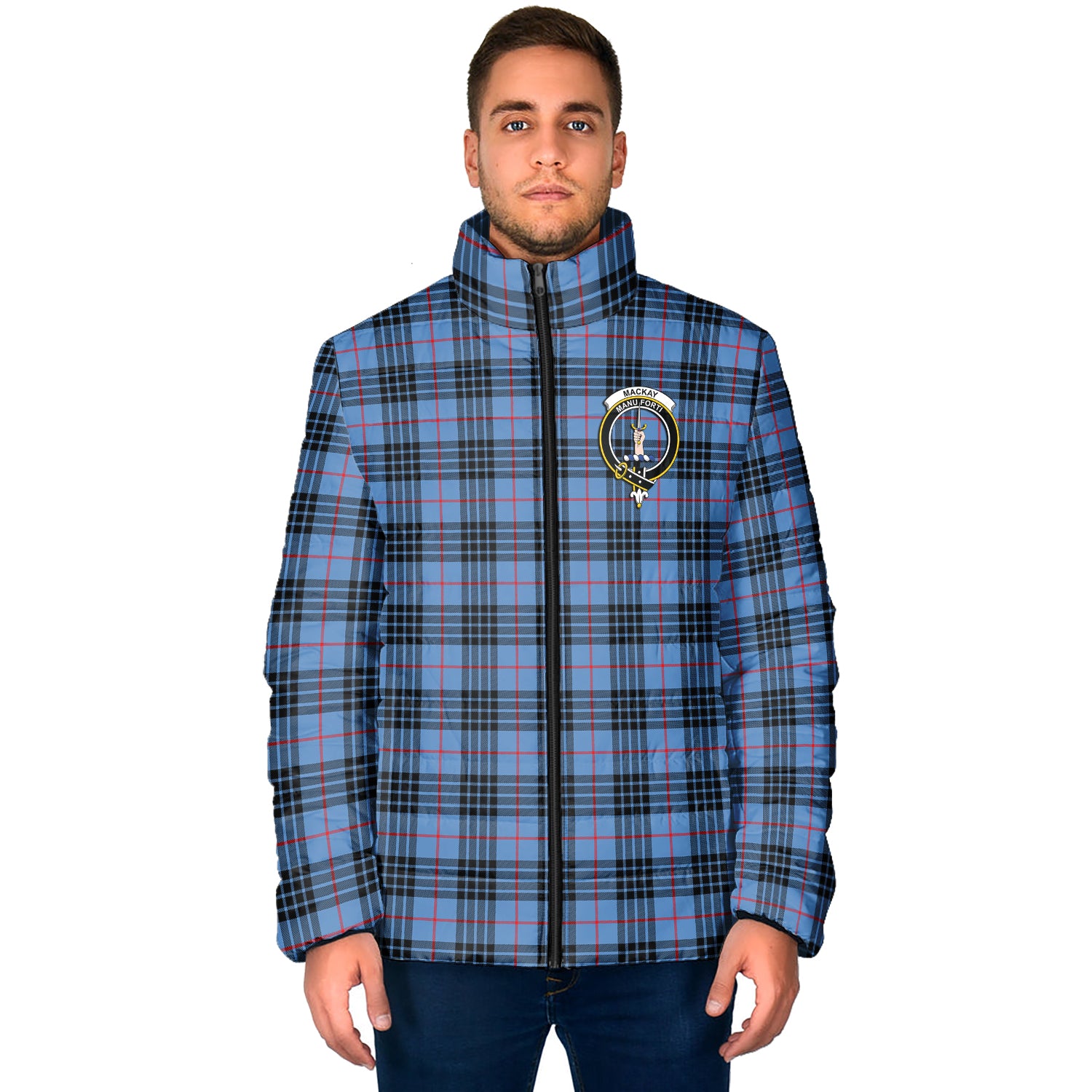 MacKay Blue Tartan Padded Jacket with Family Crest - Tartan Vibes Clothing