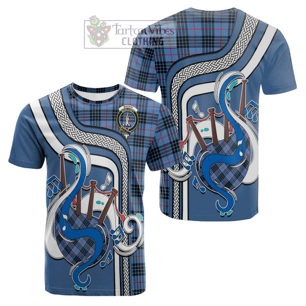 Tartan Vibes Clothing MacKay Blue Tartan Cotton T-shirt with Epic Bagpipe Style