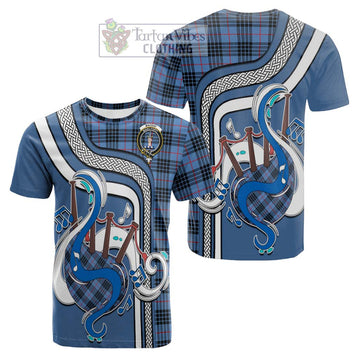 MacKay Blue Tartan Cotton T-shirt with Epic Bagpipe Style