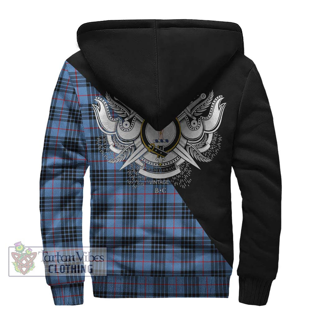 MacKay Blue Tartan Sherpa Hoodie with Family Crest and Military Logo Style - Tartanvibesclothing Shop