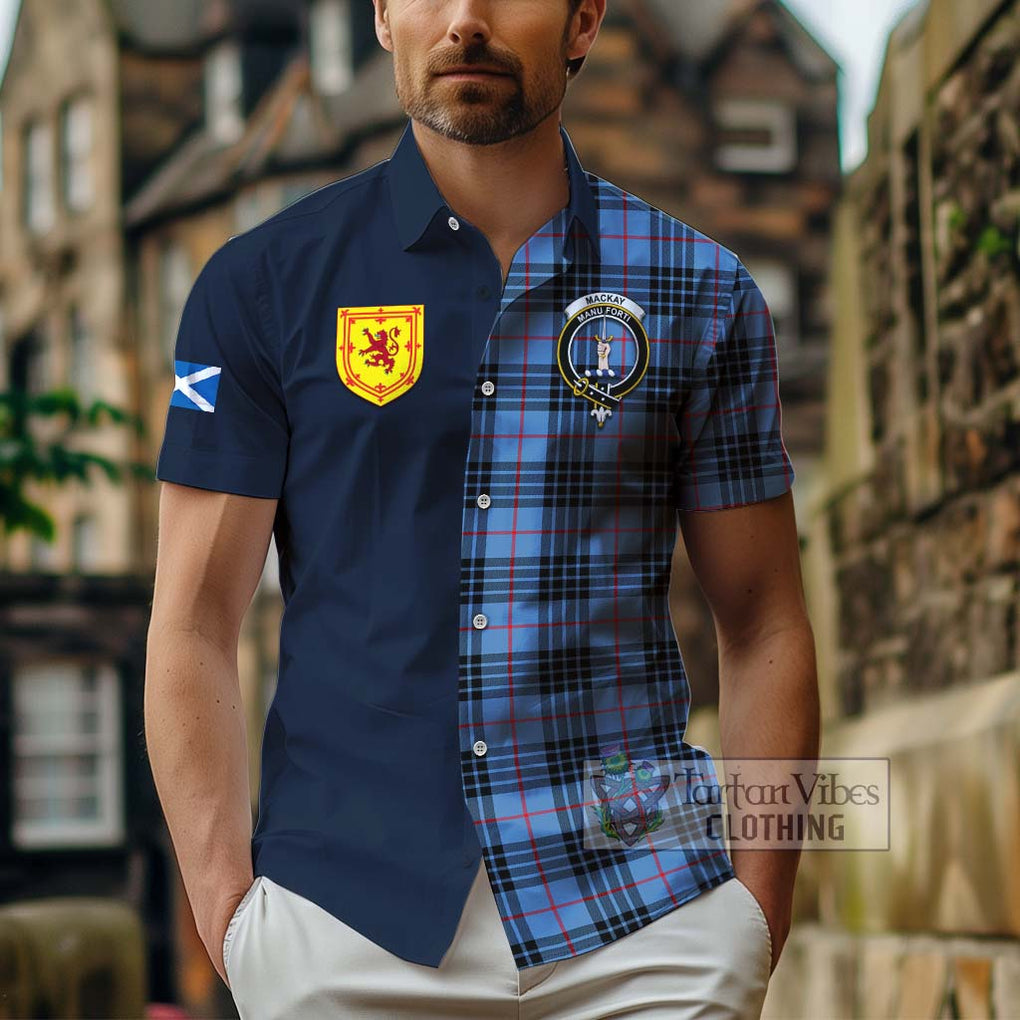 Tartan Vibes Clothing MacKay Blue Tartan Short Sleeve Button Shirt with Scottish Lion Royal Arm Half Style