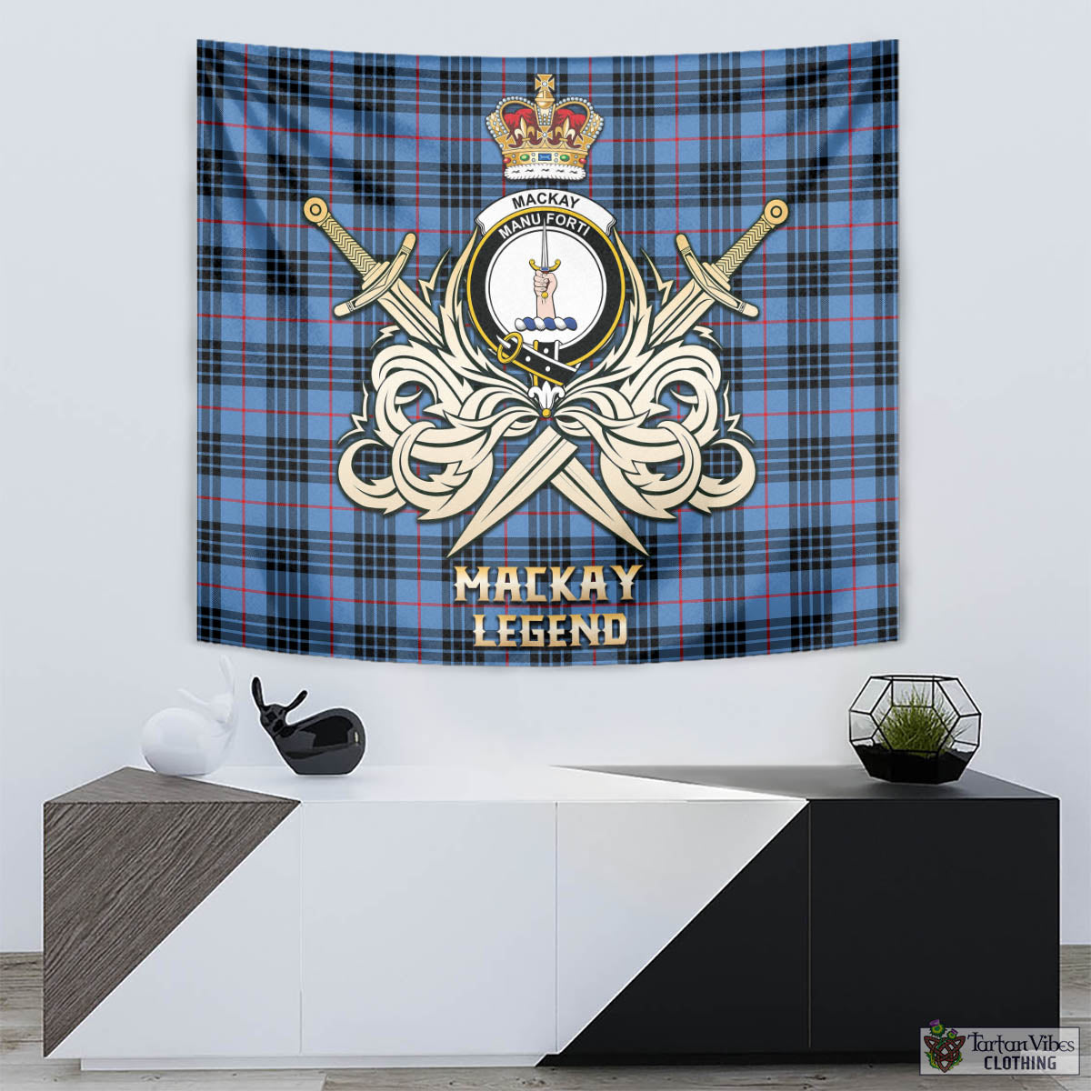 Tartan Vibes Clothing MacKay Blue Tartan Tapestry with Clan Crest and the Golden Sword of Courageous Legacy