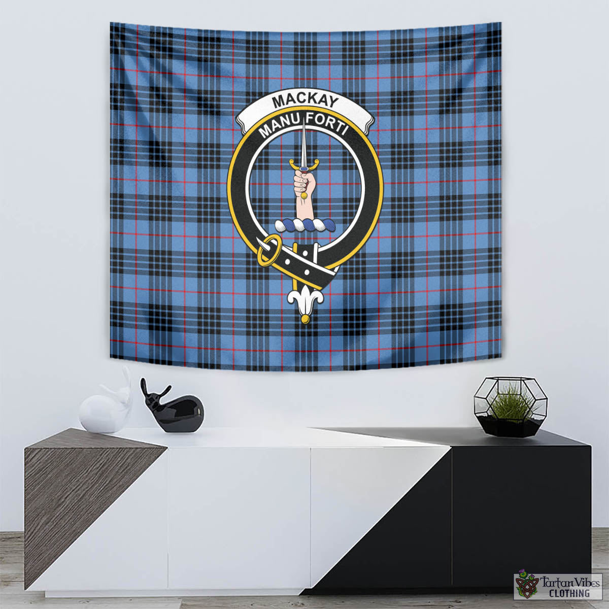 Tartan Vibes Clothing MacKay Blue Tartan Tapestry Wall Hanging and Home Decor for Room with Family Crest