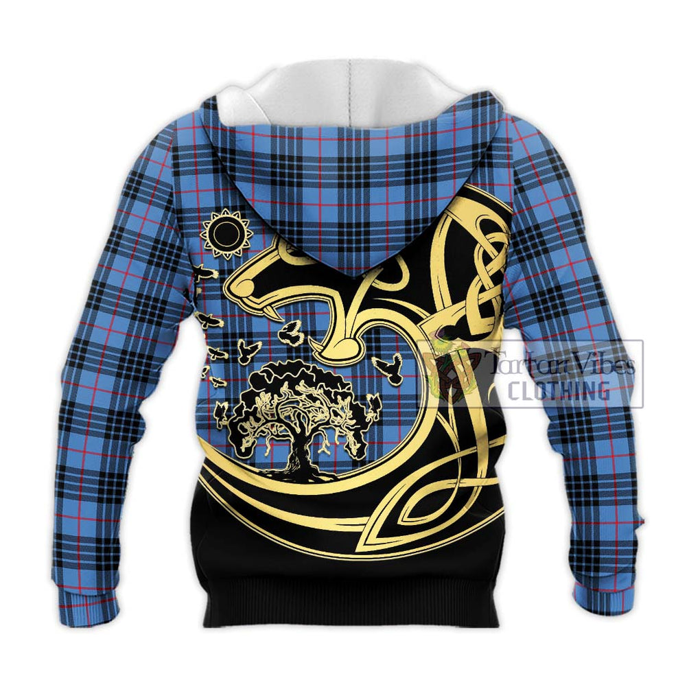 MacKay Blue Tartan Knitted Hoodie with Family Crest Celtic Wolf Style - Tartan Vibes Clothing