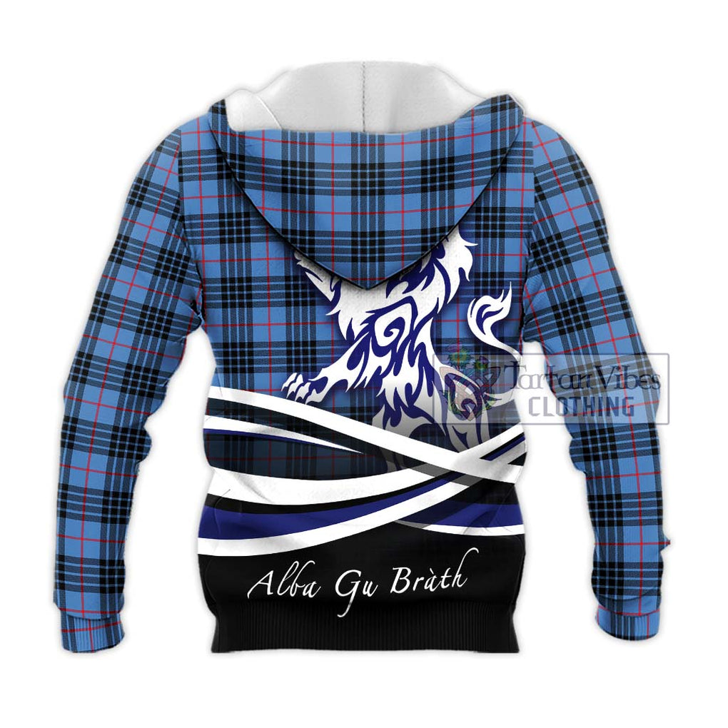 MacKay Blue Tartan Knitted Hoodie with Alba Gu Brath Regal Lion Emblem - Tartanvibesclothing Shop