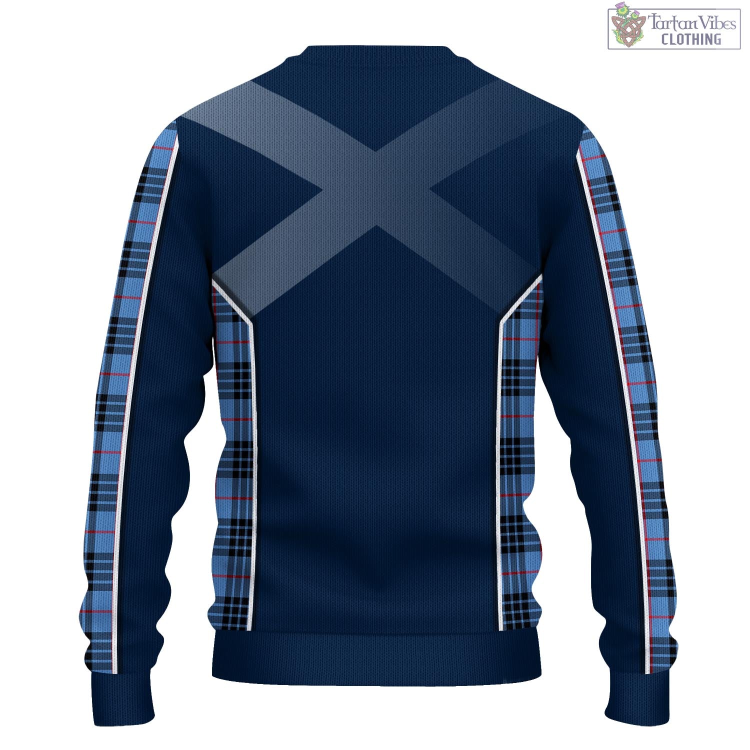 Tartan Vibes Clothing MacKay Blue Tartan Knitted Sweatshirt with Family Crest and Scottish Thistle Vibes Sport Style