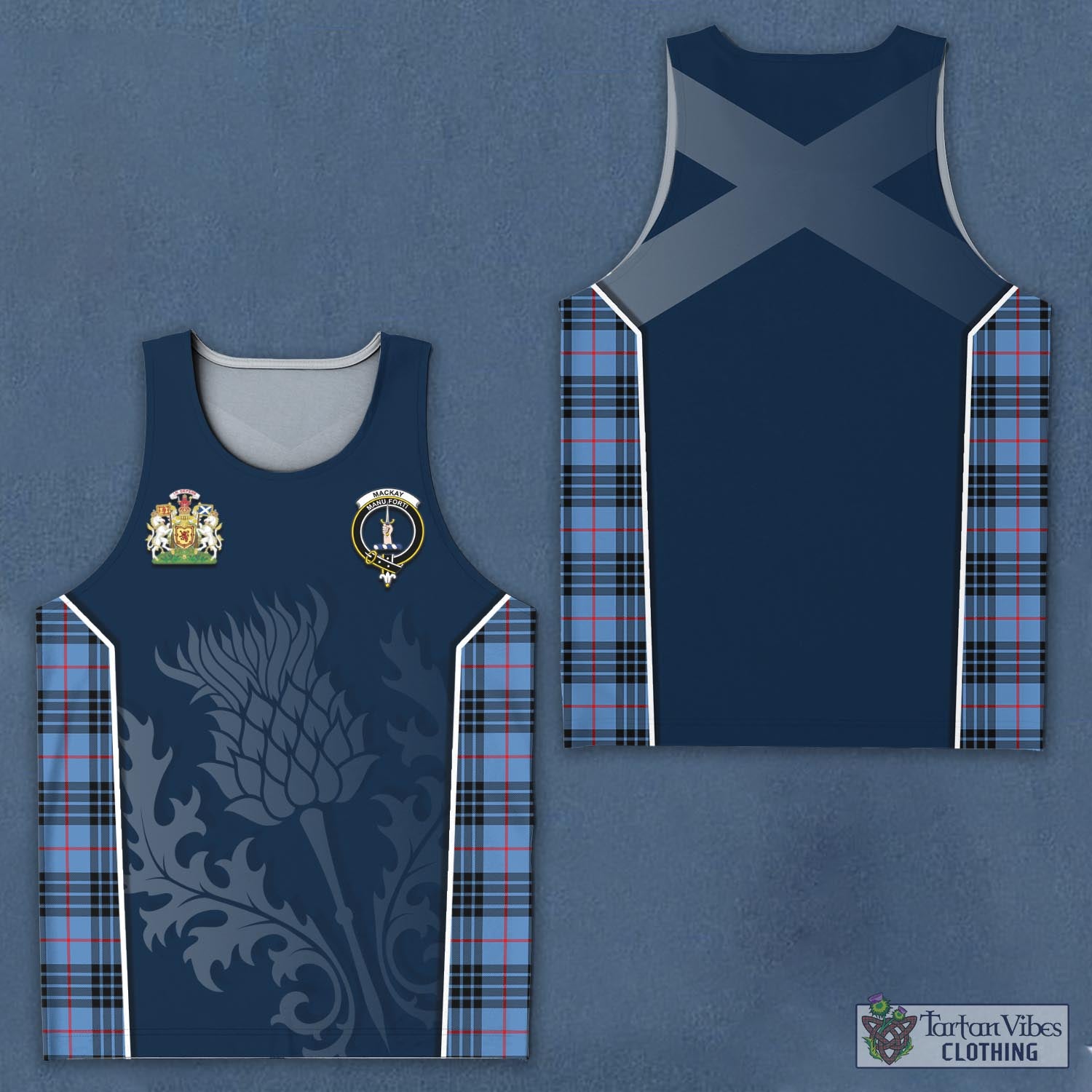 Tartan Vibes Clothing MacKay Blue Tartan Men's Tanks Top with Family Crest and Scottish Thistle Vibes Sport Style