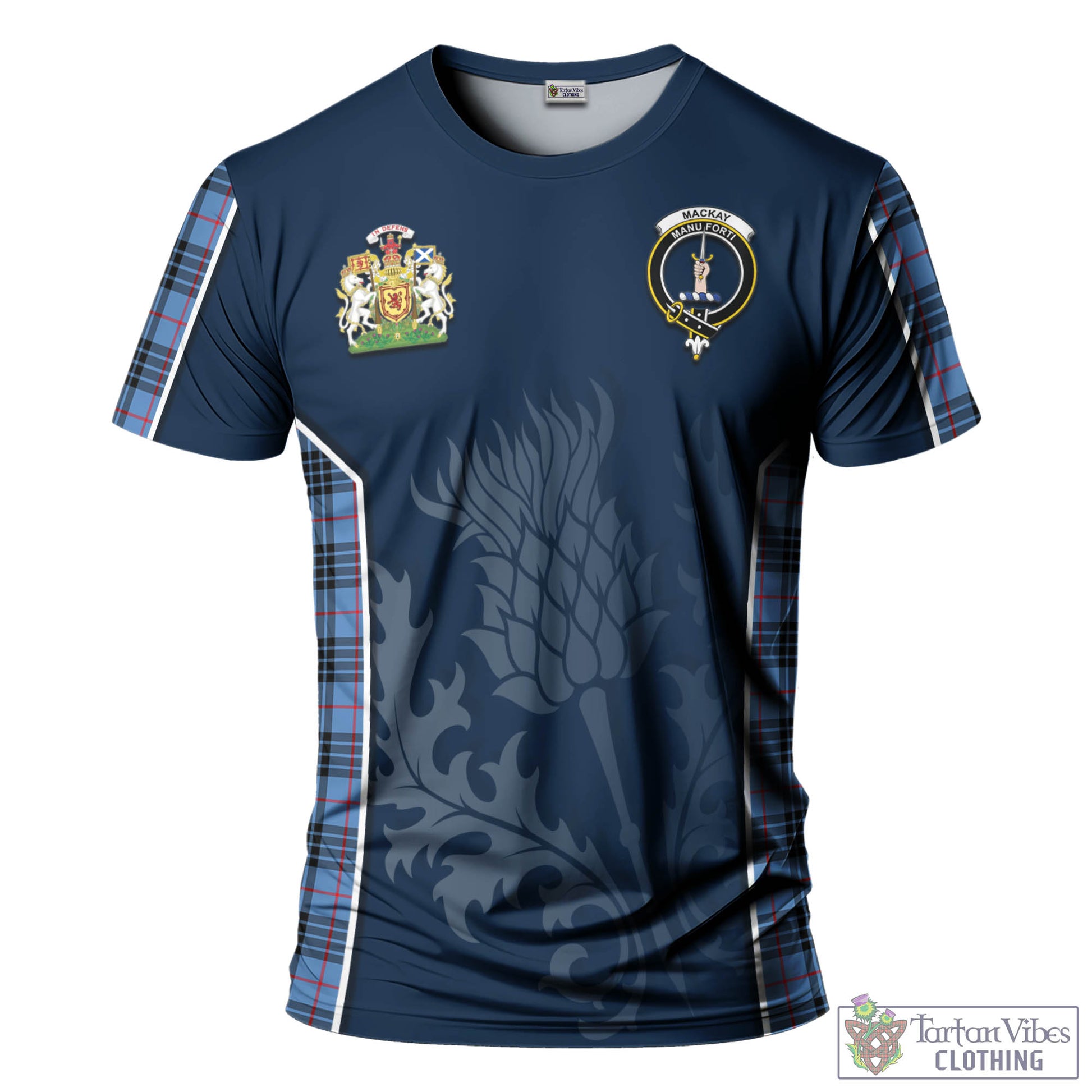 Tartan Vibes Clothing MacKay Blue Tartan T-Shirt with Family Crest and Scottish Thistle Vibes Sport Style