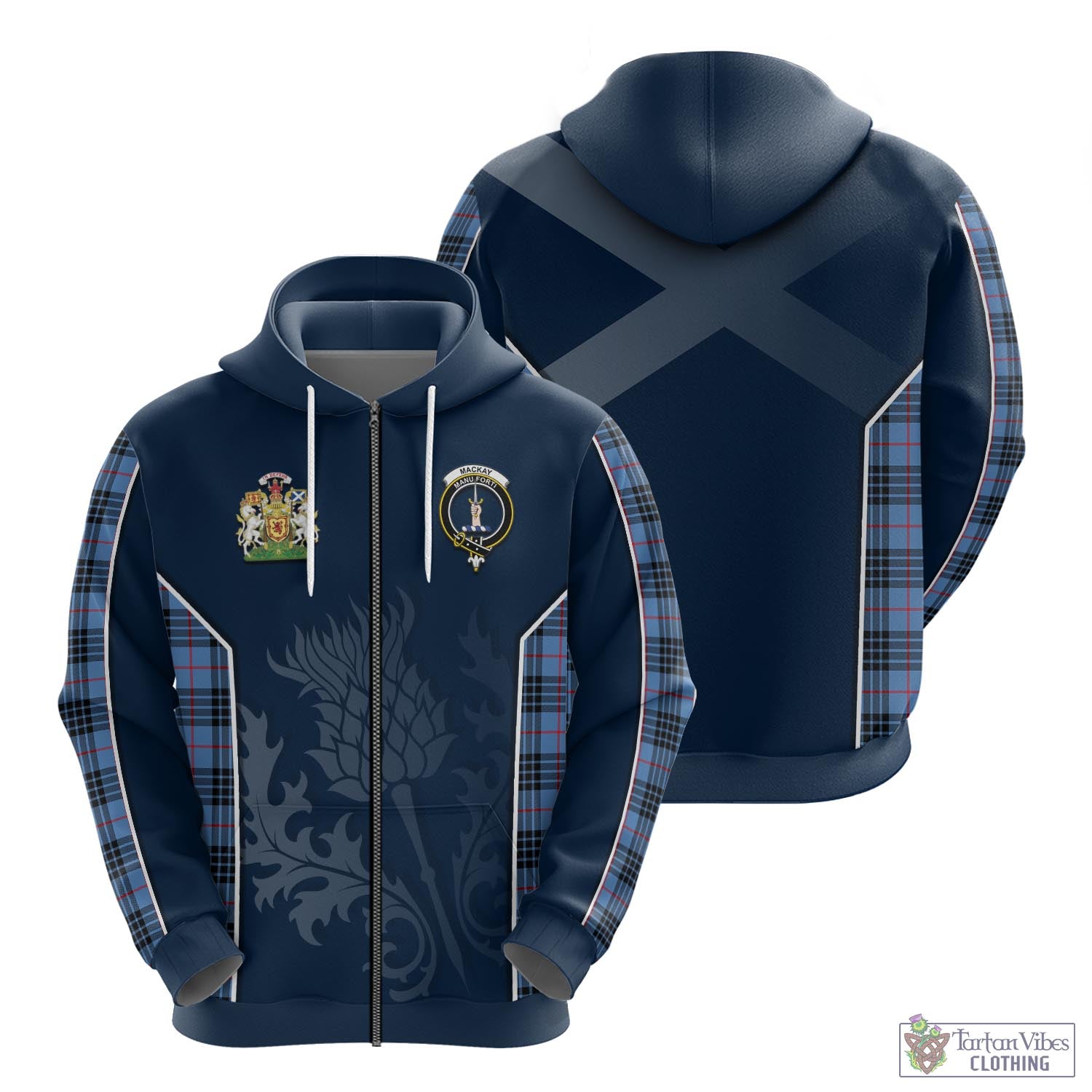 Tartan Vibes Clothing MacKay Blue Tartan Hoodie with Family Crest and Scottish Thistle Vibes Sport Style