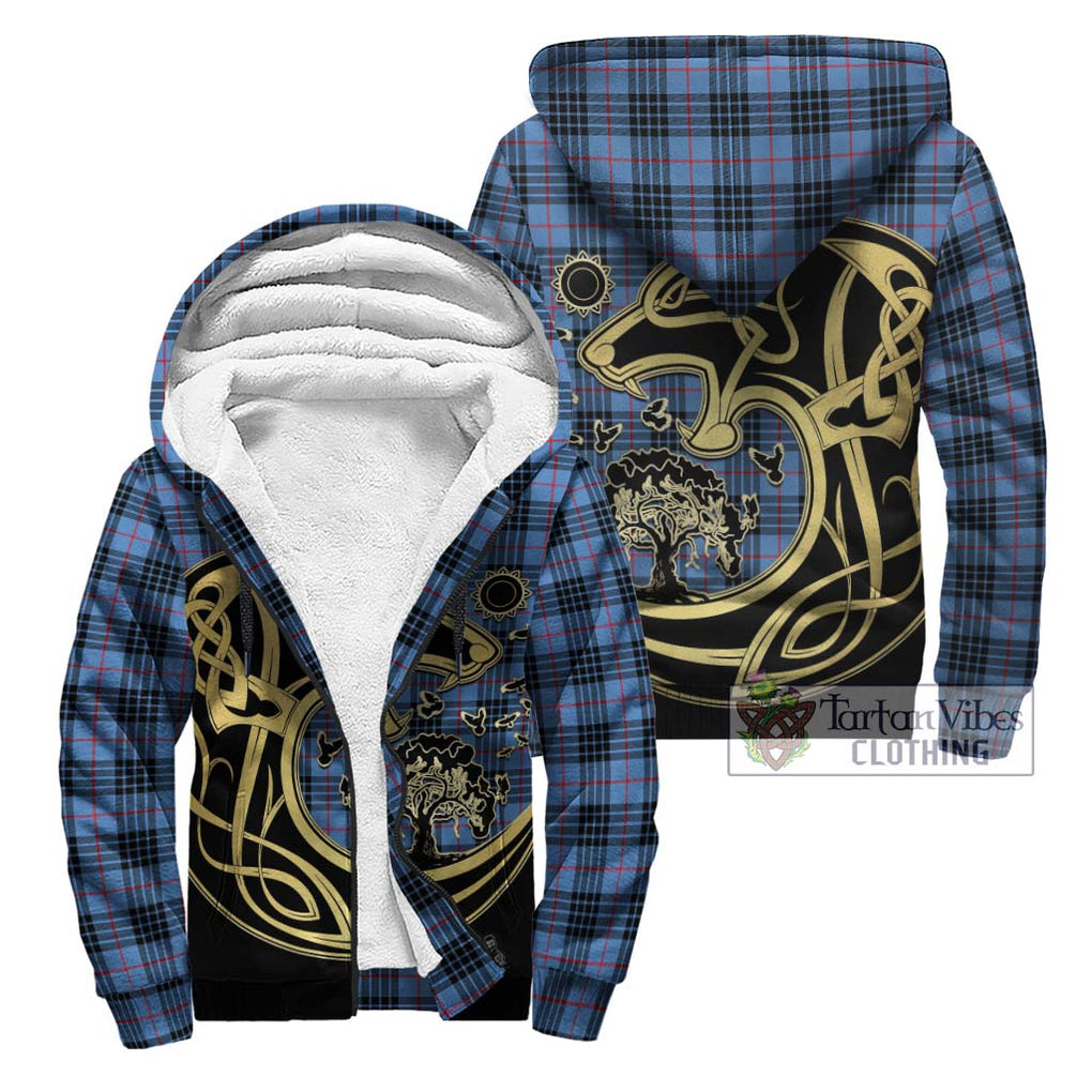 MacKay Blue Tartan Sherpa Hoodie with Family Crest Celtic Wolf Style Unisex - Tartan Vibes Clothing