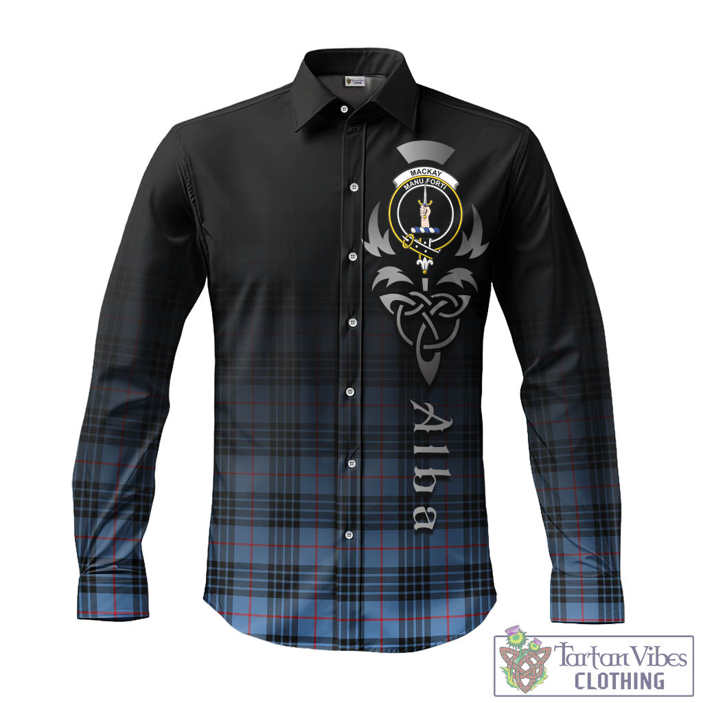 Tartan Vibes Clothing MacKay Blue Tartan Long Sleeve Button Up Featuring Alba Gu Brath Family Crest Celtic Inspired