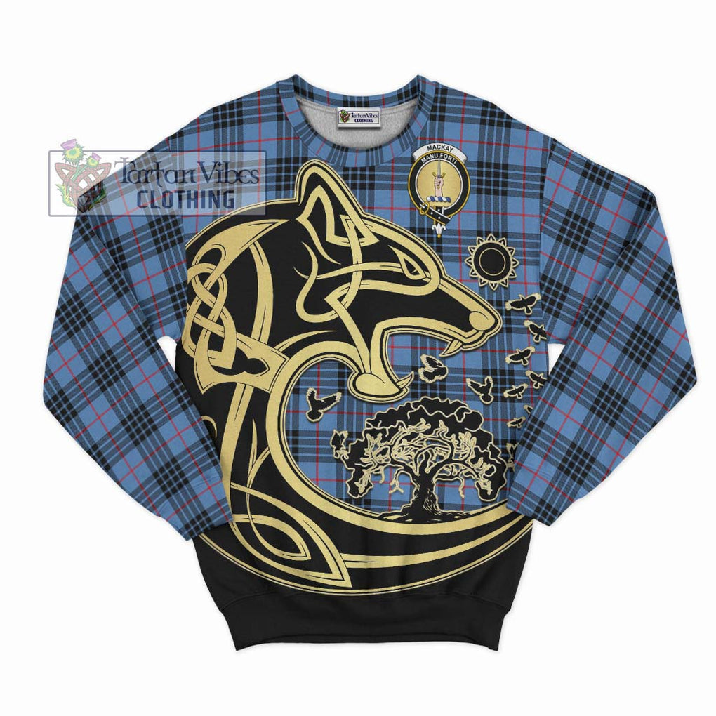 MacKay Blue Tartan Sweatshirt with Family Crest Celtic Wolf Style - Tartan Vibes Clothing