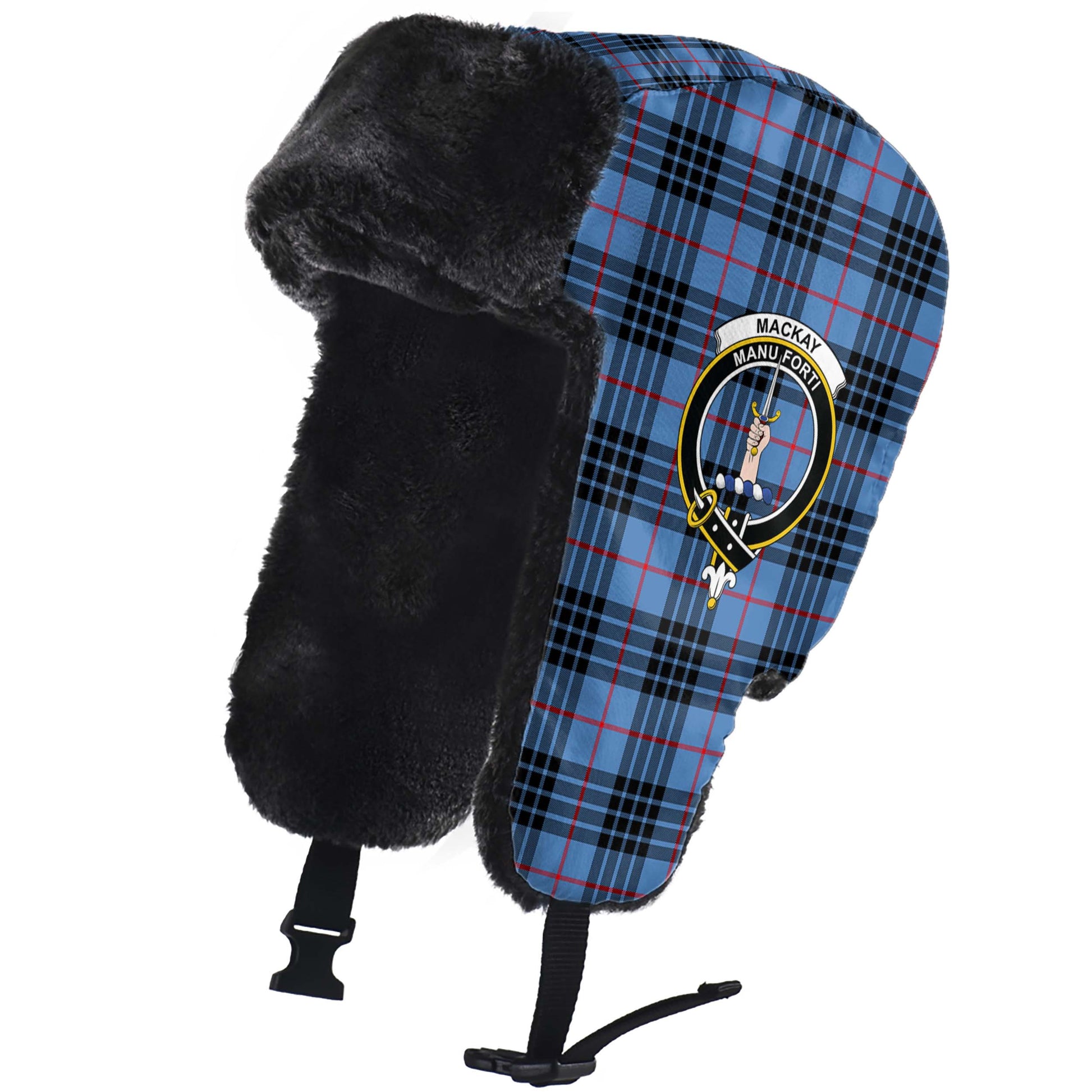 MacKay Blue Tartan Winter Trapper Hat with Family Crest - Tartanvibesclothing