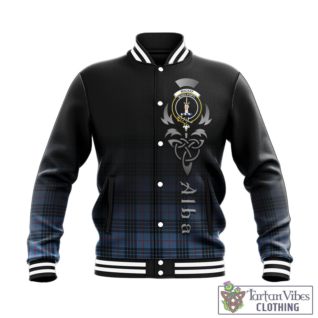 Tartan Vibes Clothing MacKay Blue Tartan Baseball Jacket Featuring Alba Gu Brath Family Crest Celtic Inspired