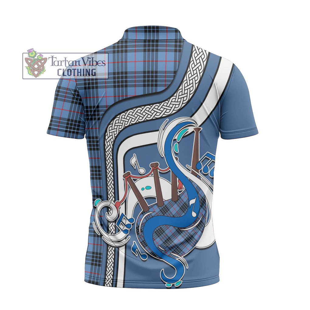 MacKay Blue Tartan Zipper Polo Shirt with Epic Bagpipe Style - Tartanvibesclothing Shop