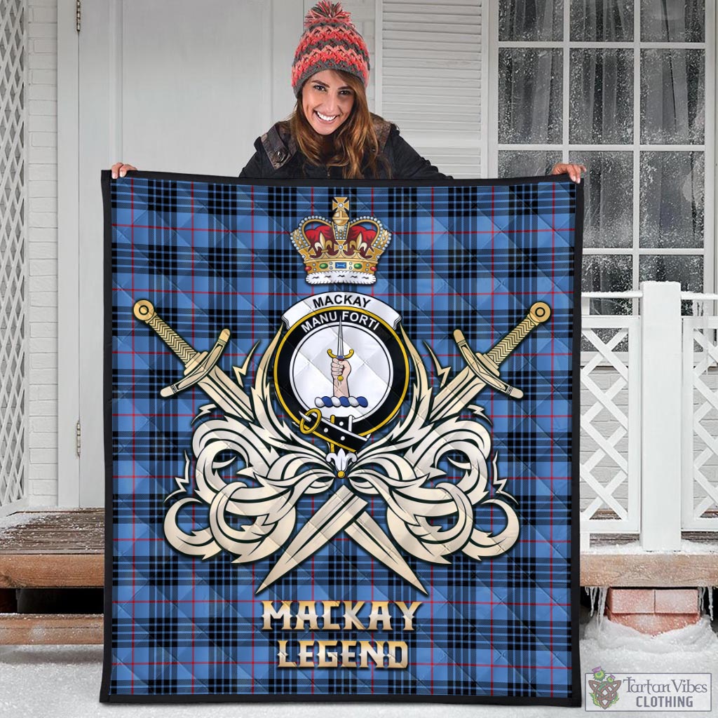 Tartan Vibes Clothing MacKay Blue Tartan Quilt with Clan Crest and the Golden Sword of Courageous Legacy