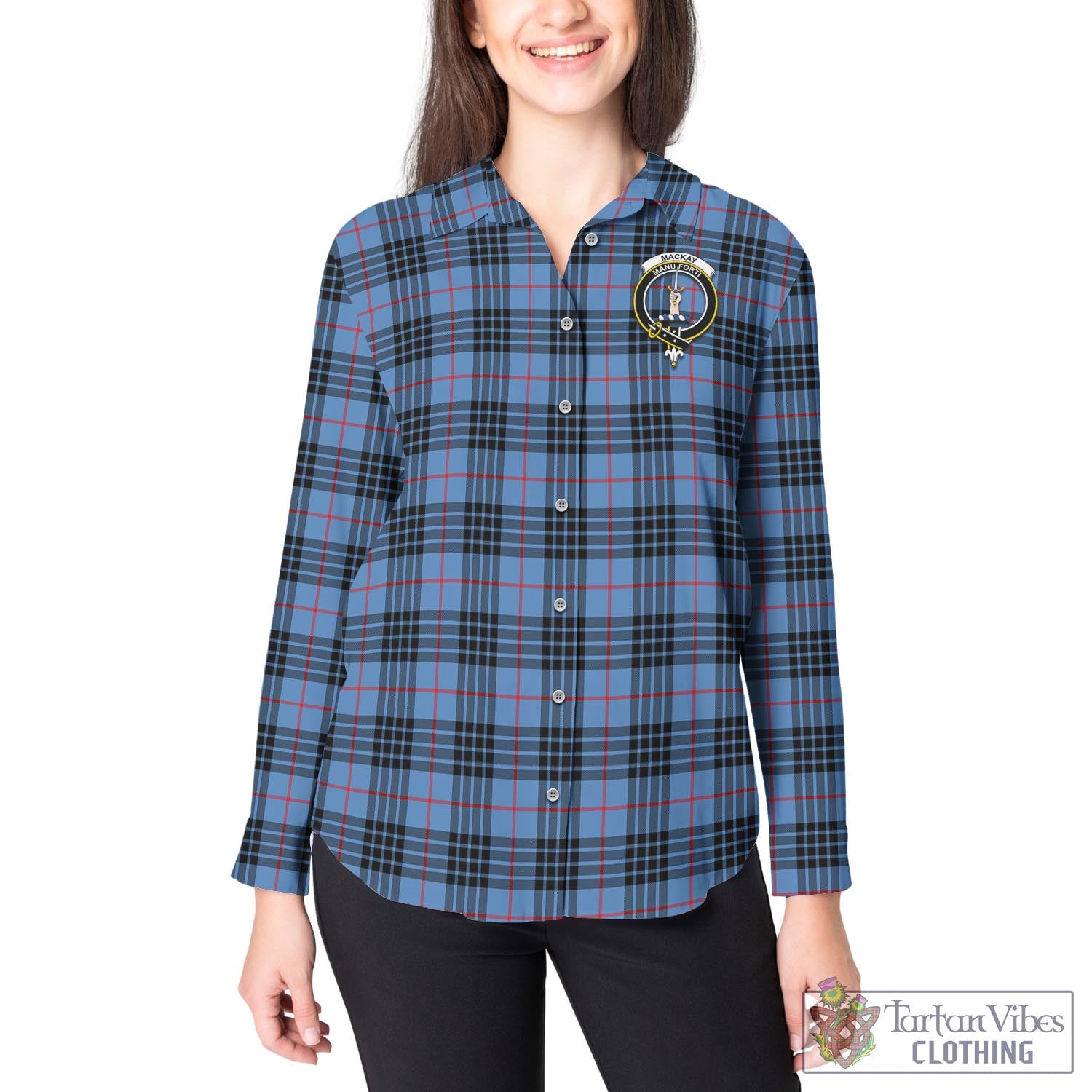 Tartan Vibes Clothing MacKay Blue Tartan Womens Casual Shirt with Family Crest