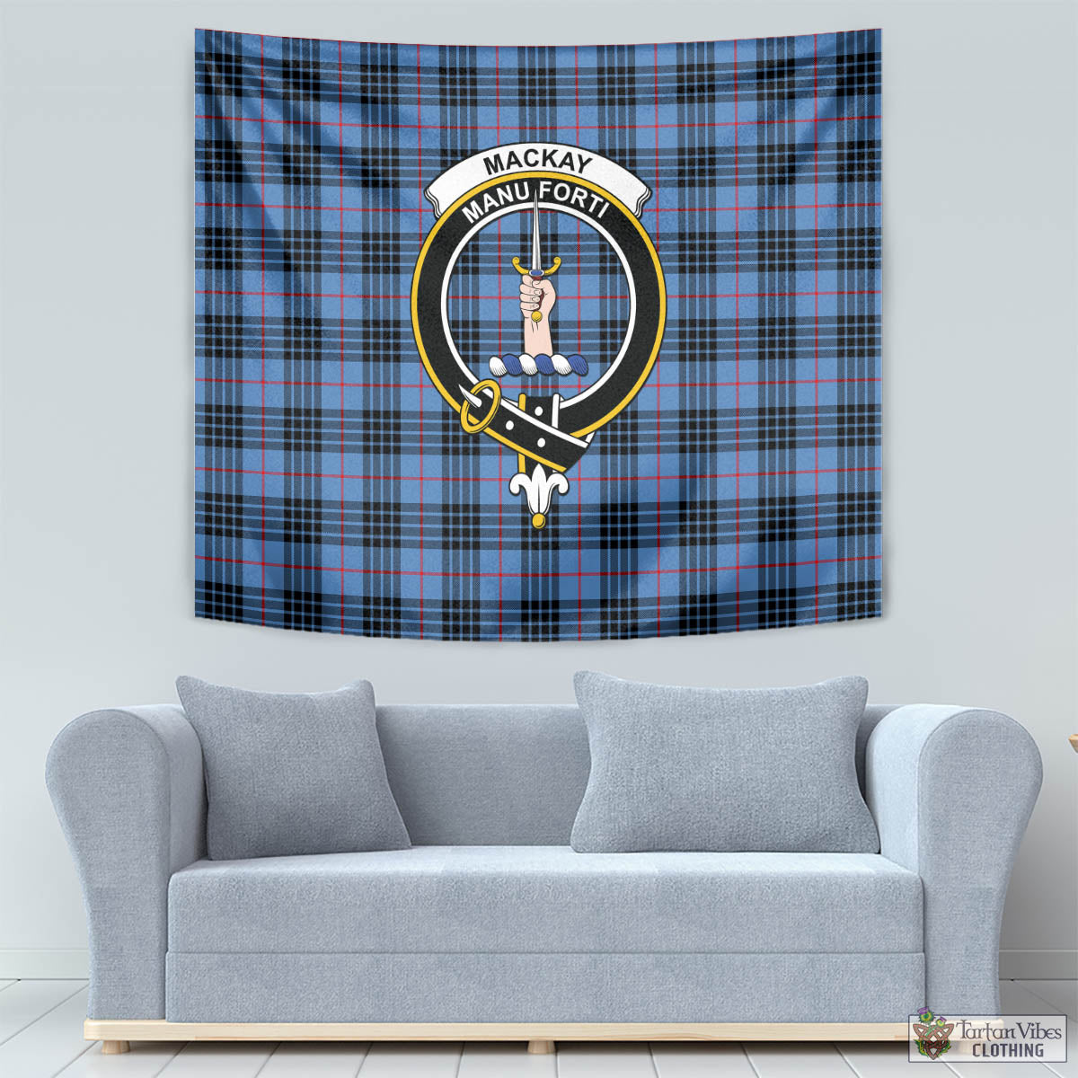 Tartan Vibes Clothing MacKay Blue Tartan Tapestry Wall Hanging and Home Decor for Room with Family Crest