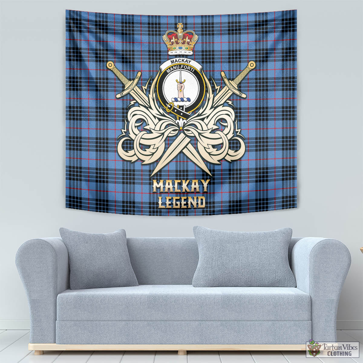 Tartan Vibes Clothing MacKay Blue Tartan Tapestry with Clan Crest and the Golden Sword of Courageous Legacy