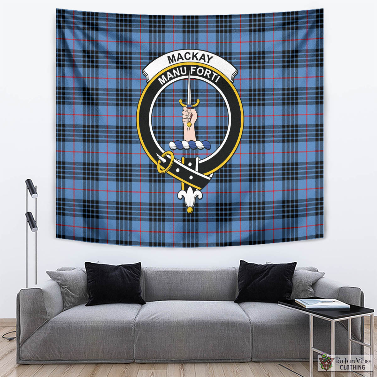 Tartan Vibes Clothing MacKay Blue Tartan Tapestry Wall Hanging and Home Decor for Room with Family Crest