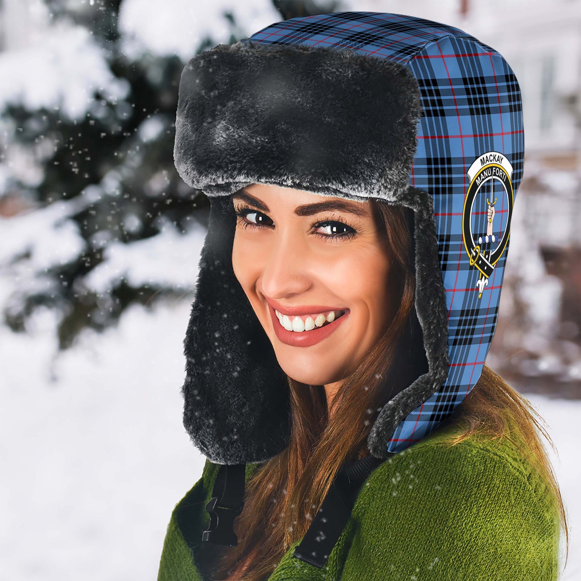 MacKay Blue Tartan Winter Trapper Hat with Family Crest - Tartanvibesclothing