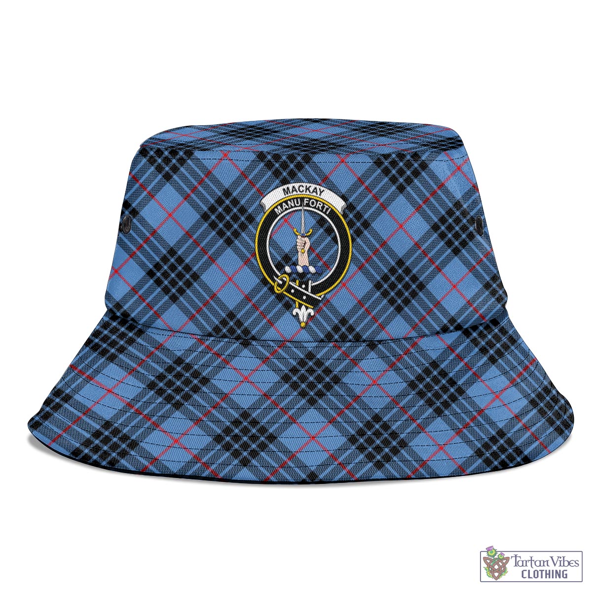 Tartan Vibes Clothing MacKay Blue Tartan Bucket Hat with Family Crest