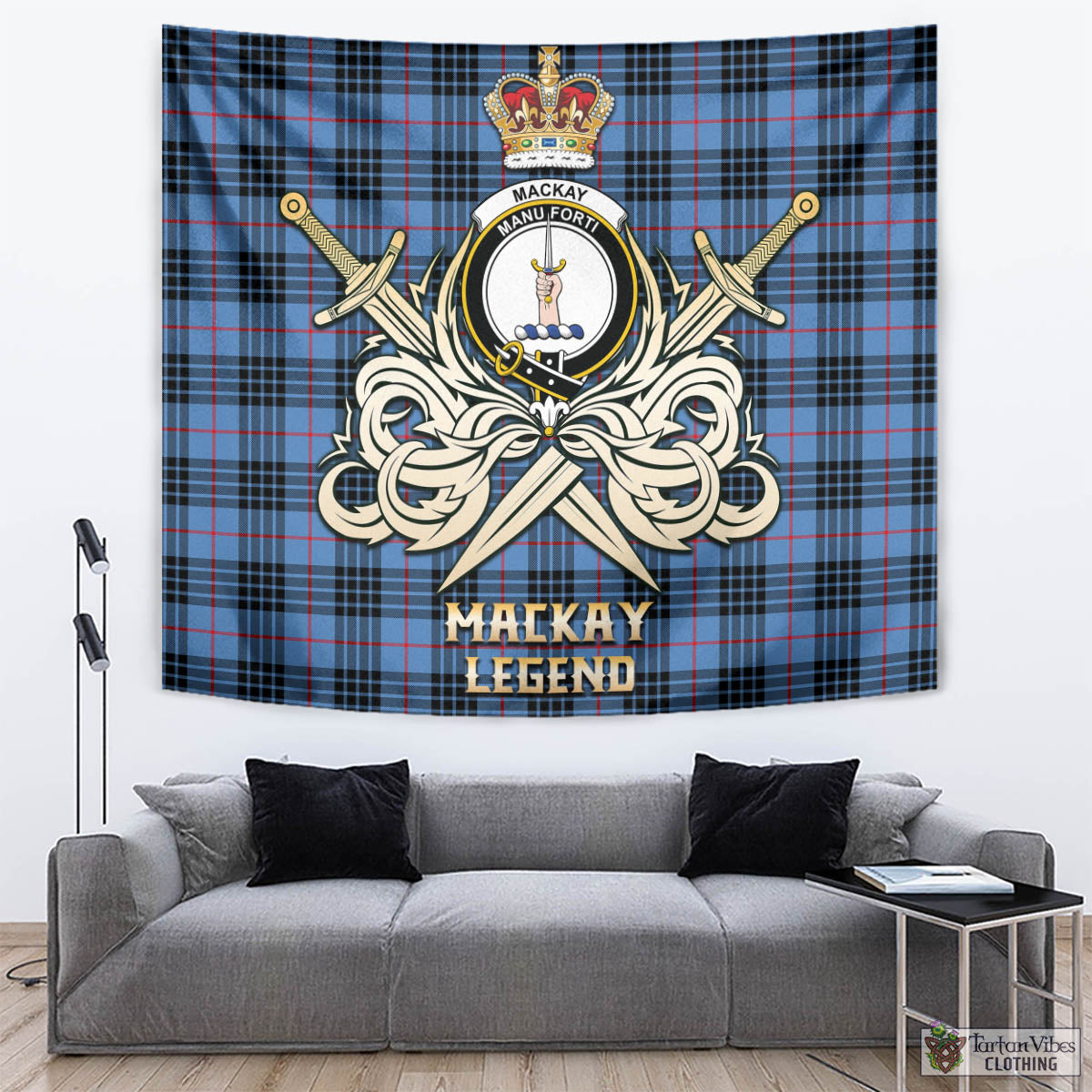 Tartan Vibes Clothing MacKay Blue Tartan Tapestry with Clan Crest and the Golden Sword of Courageous Legacy