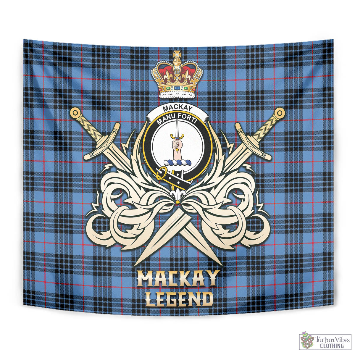 Tartan Vibes Clothing MacKay Blue Tartan Tapestry with Clan Crest and the Golden Sword of Courageous Legacy