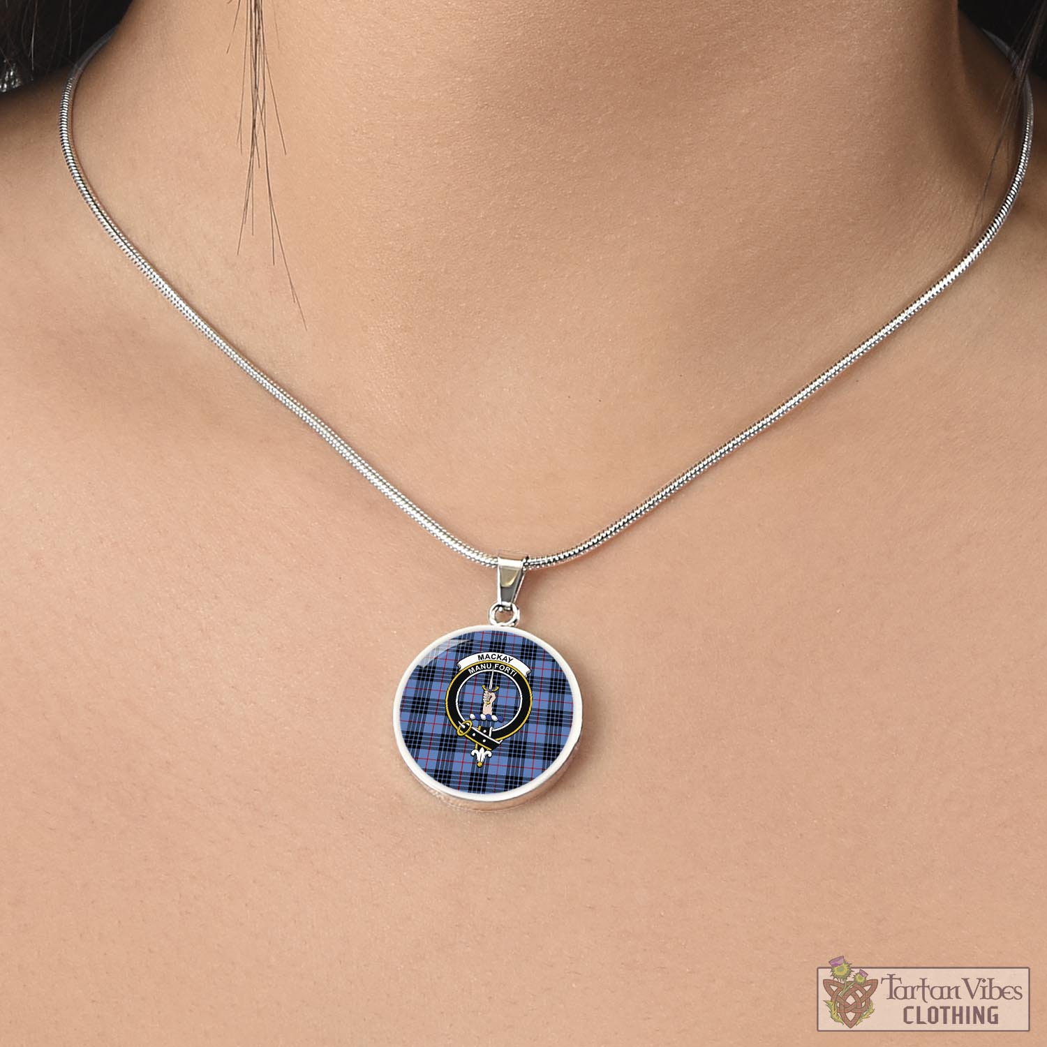 Tartan Vibes Clothing MacKay Blue Tartan Circle Necklace with Family Crest