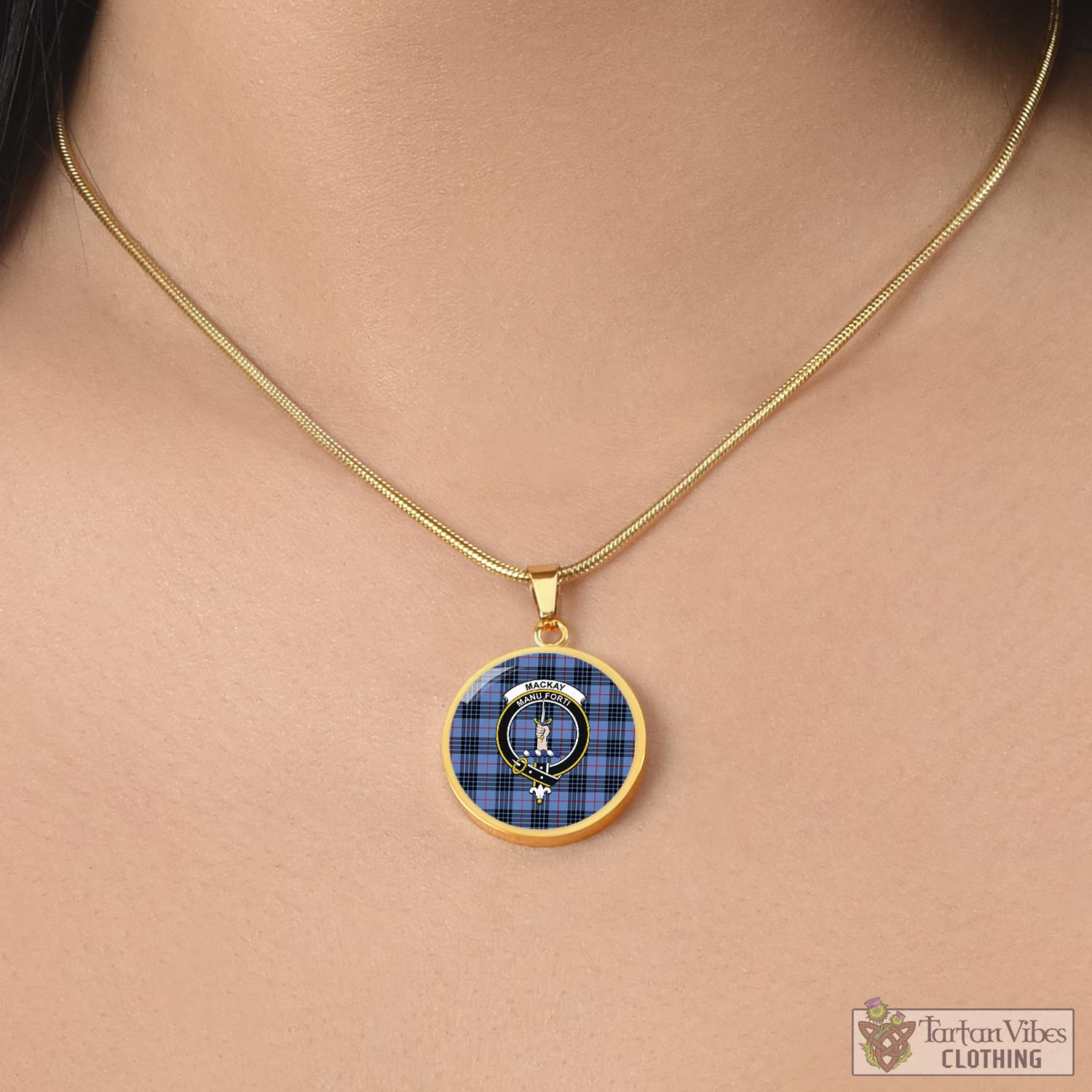 Tartan Vibes Clothing MacKay Blue Tartan Circle Necklace with Family Crest