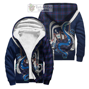 MacKay Blue Modern Tartan Sherpa Hoodie with Epic Bagpipe Style